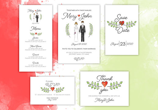 Wedding Invitation Layout Set with Couple Illustration