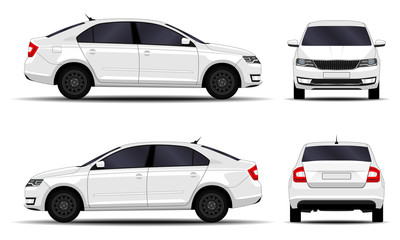 realistic car. sedan. front view; side view; back view.