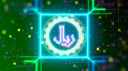 The Saudi riyal virtual money logo. Financial sign on digital background.