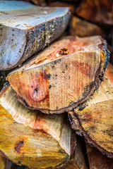 Pile of chopped fire wood prepared for winter