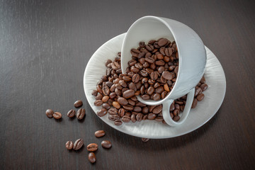 White coffee cup filled with roasted coffee beans