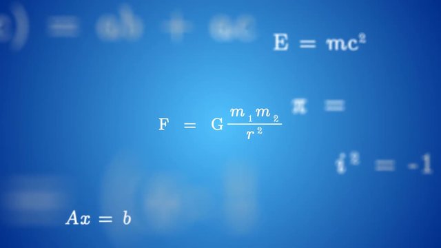 Animated GRAVITY FORMULA Background. Stylized math cloud of numbers and equations floating in 3D space.