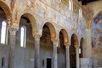 Columns and frescos in the church of 'Sant'Angelo in Formis', Capua, Italy