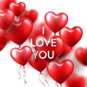 Valentines Day Background With Red Heart Balloons. Romantic Wedding Love Greeting Card. February 14.
