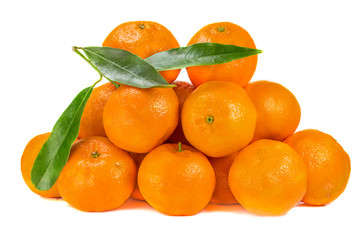 Tangerines with green leaf isolate on a white background