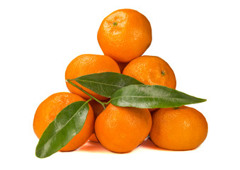Tangerines with green leaf isolate on a white background