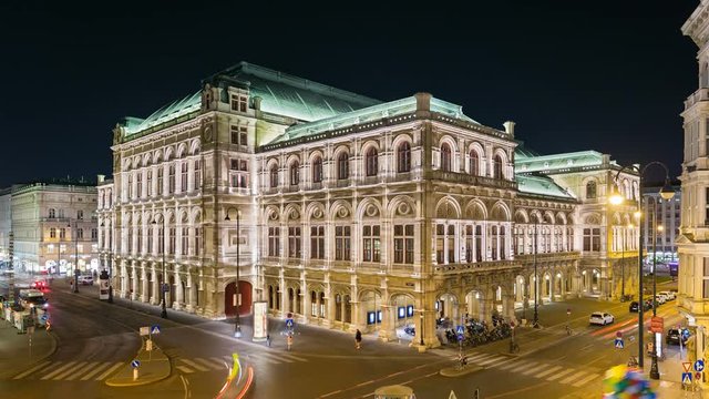 Timelapse sequence of the Vienna State Opera (Wiener Staatsoper) at night.