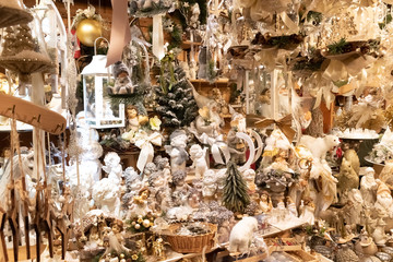 Beautiful colorful christmas decorations and balls in Wien Rathaus Market, Austria