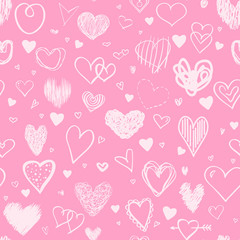 Fototapeta na wymiar Hand drawn background with grunge hearts. Seamless grungy wallpaper on surface. Chaotic texture with many love signs. Lovely pattern. Line art. Print for banner, flyer or poster. Colorful illustration