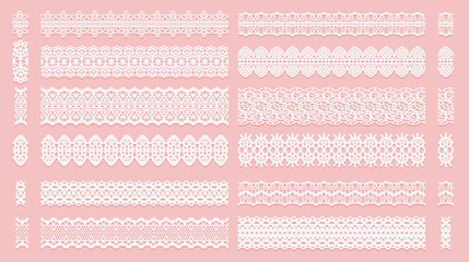 Set of lace pattern brushes. Tracery ribbons isolated on a pink background. Elements for decor scrapbooking wedding invitations and cards. - obrazy, fototapety, plakaty