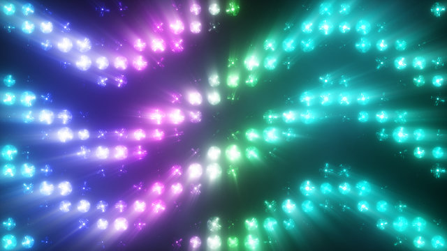 Colorful flashing of multicolored spotlights of light bulbs in texture from bottom to top with smoke. 3d illustration