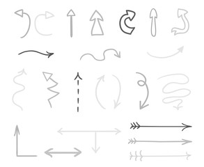 Hand drawn infographic elements on white. Abstract arrows. Line art. Set of different pointers. Black and white illustration. Doodles for business