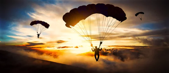 Poster Silhouette Fallschirmspringer Landung bei Sonnenuntergang © ginettigino