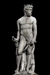 Fototapeta na wymiar Statue of powerful Neptune in Florence, Italy, isolated at black background, details
