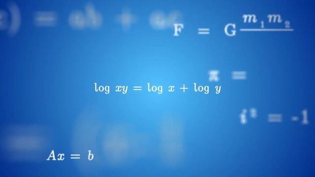 Animated LOGS FORMULA Background. Stylized math cloud of numbers and equations floating in 3D space.