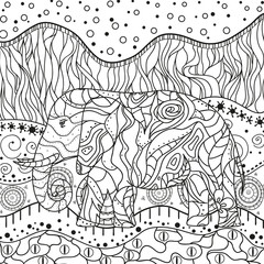 Abstract square mandala. Hand drawn elephant with patterns on isolation background. Design for spiritual relaxation for adults. Black and white illustration for coloring