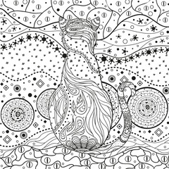 Abstract asian pattern with cat on isolated white. Zentangle. Hand drawn abstract patterns on isolation background. Design for spiritual relaxation for adults. Black and white illustration