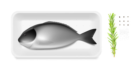 Mockup tray with dorado, rosemary and pepper. Vector illustration isolated on white background. Easy to use for presentation your idea, product, recipe, etc. EPS10.