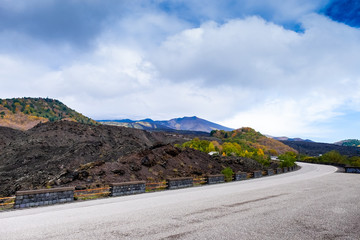 Road to Etna volcano national park, landscape of mountain of Sicily