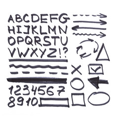 Letters, numbers, arrows, mathematical symbols, lines, written in black marker.