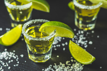 Mexican Gold Tequila shot with lime and salt