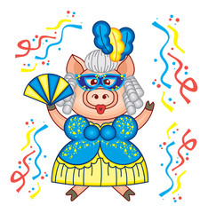 Cute piglet is dancing in carnival mask and beautiful blue gown. Funny holiday illustration.