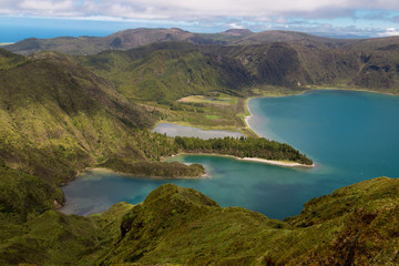Fototapeta na wymiar View of Lagoa do Fogo in Sao Miguel, Azores, Portugal, on a clear, sunny day.