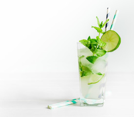Non-alcoholic cocktail mojito with ingredients for its preparation