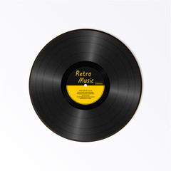 Realistic Black Vinyl Record. Retro Sound Carrier. New gramophone yellow label LP record with text. Musical long play album disc 78 rpm. old technology isolated on white background