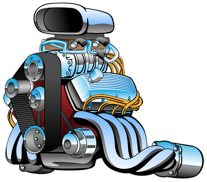 Hot Rod Race Car Engine Cartoon, Lots Of Chrome, Huge Intake, Fat Exhaust Pipes, Vector Illustration