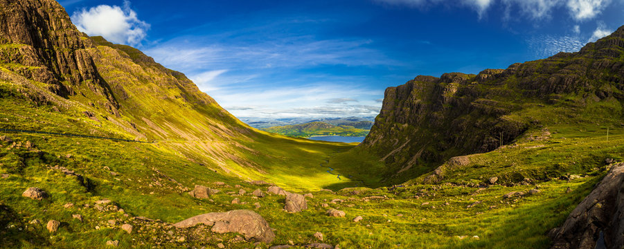 Spectacular Valley At Applecross Pass With River Allt a'Chumhaing In Scotland