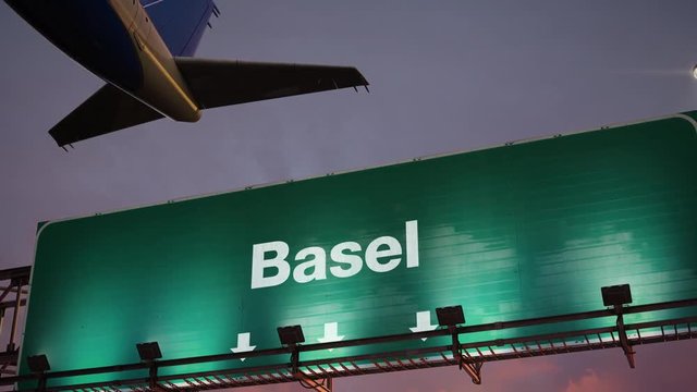 Airplane Take off Basel during a wonderful sunrise