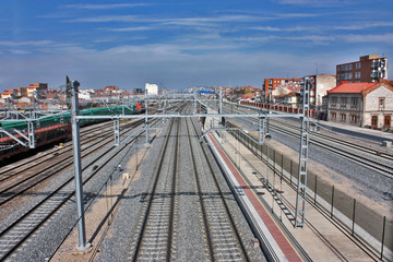 Fototapeta na wymiar Heavy industry. Top of view on cargo railway station with many railroad. North Spain