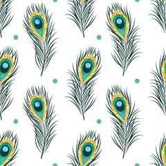 Seamless peacock feathers pattern. Vector background.