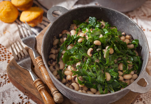 Collard Greens and Black Eyed Peas in a Rustic Pot