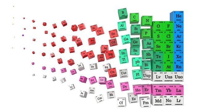dissolving periodic table concept. cubes colored by element groups. 3d illustration