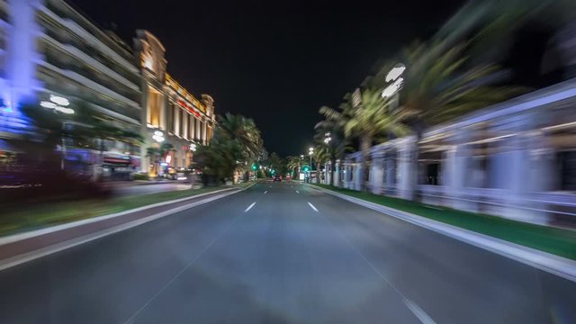 Driving on the night streets in Nice timelapse hyperlapse drivelapse, France.