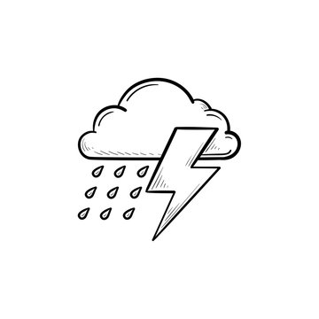Rain cloud with lightning hand drawn outline doodle icon