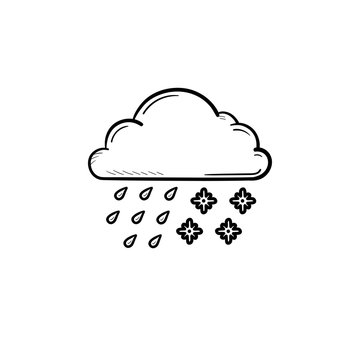 Cloud with snow and rain hand drawn outline doodle icon