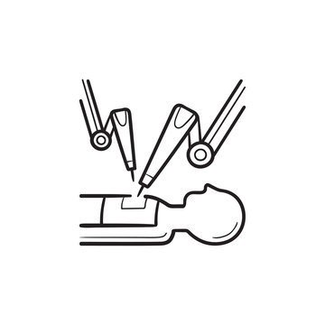 Medical robot at robot-assisted surgery hand drawn outline doodle icon