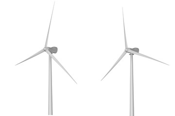 Two windmills with different rotation angles isolated on white background - wind power industrial illustration, 3D illustration