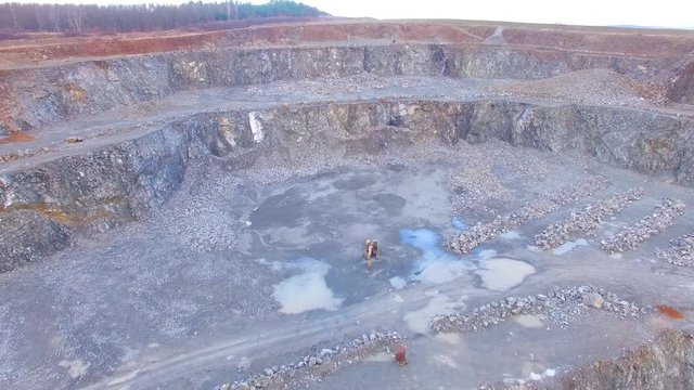 Camera flight over a open cast mine.  Heavy industry from above. Industrial landscape in Central Europe.