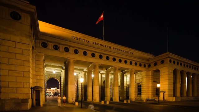 Night timelapse of the Outer Castle Gate called Heldentor in Vienna, Austria at night.