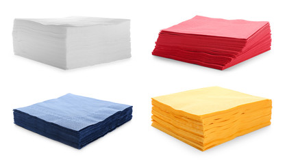 Set with color paper napkins on white background