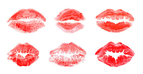 Set with color lipstick kiss marks on white background