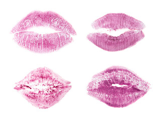 Set with color lipstick kiss marks on white background