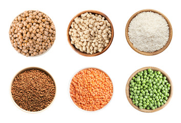 Set with different natural protein food on white background, top view