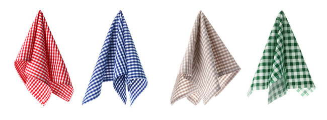 Set with different fabric napkins on white background