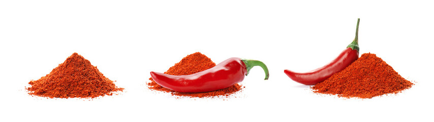 Set with chili pepper powder on white background
