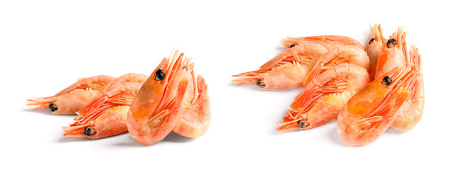 Set of fresh shrimps on white background